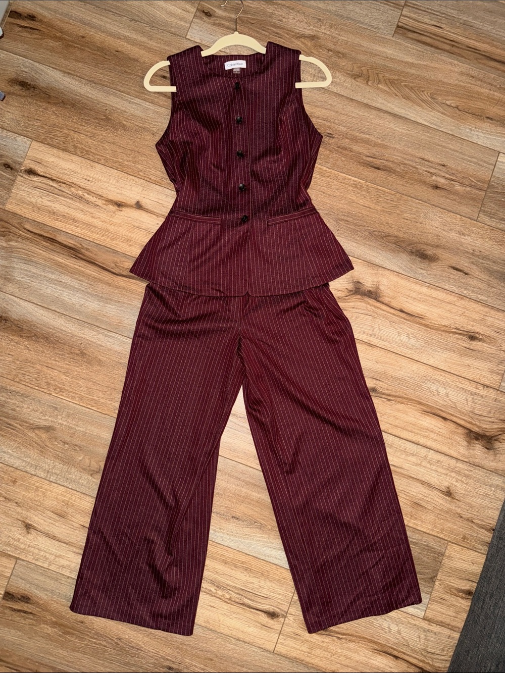 Calvin Klein Burgundy Pinstripe Pantsuit